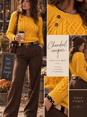 Handmade Vintage Yellow Cable Knit Sweater | Unique Fall Knit | M/L